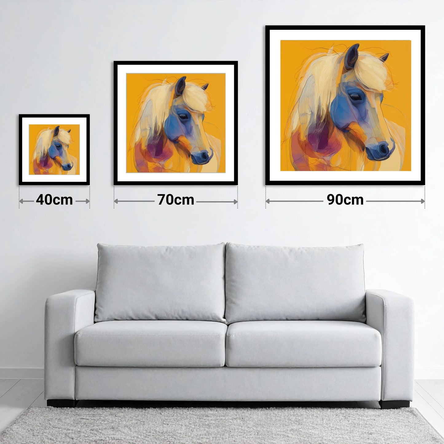 Cobalt and Gold Contour - size guide showing 40cm, 70cm and 90cm art prints