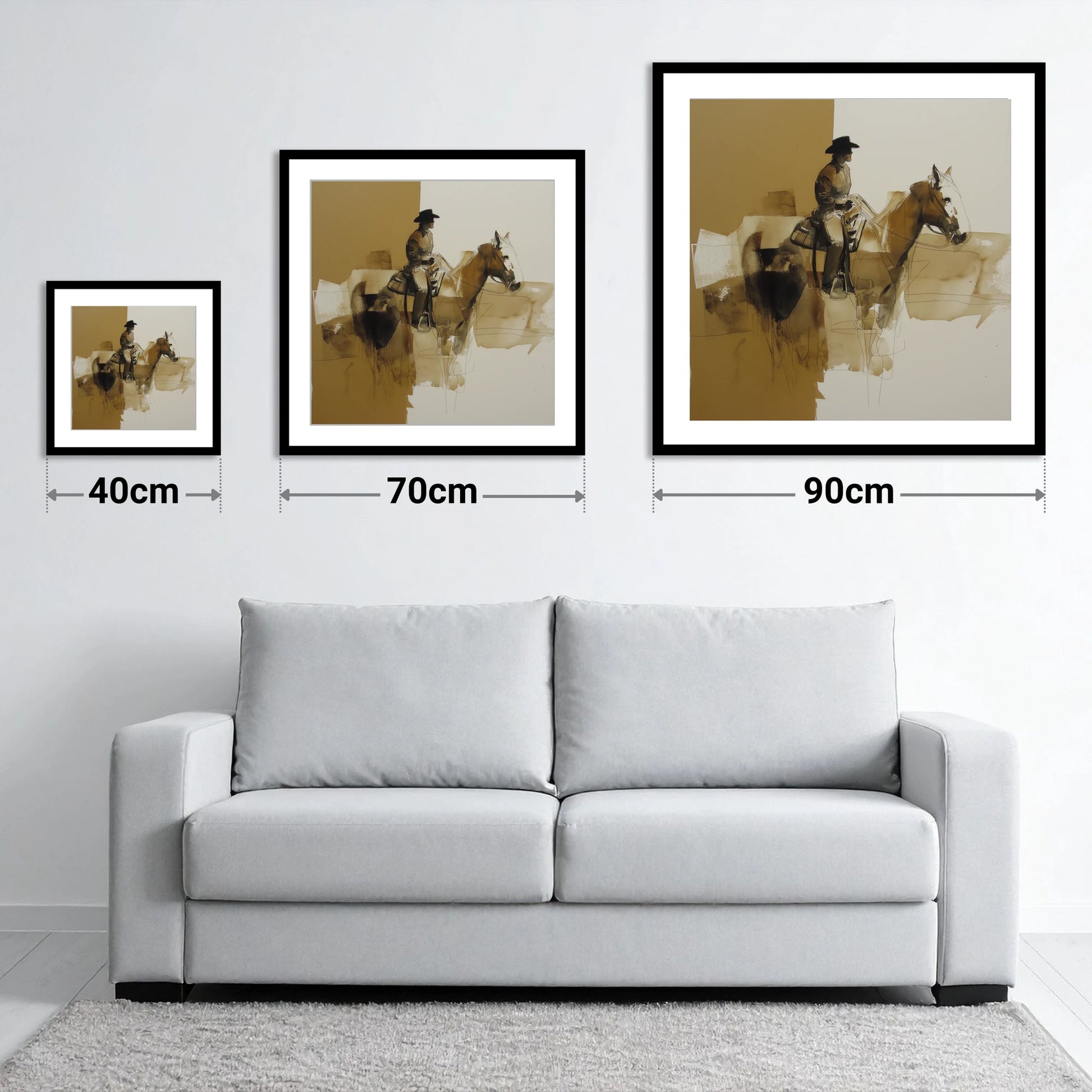 Solitary Western Rider - size guide showing 40cm, 70cm and 90cm art prints