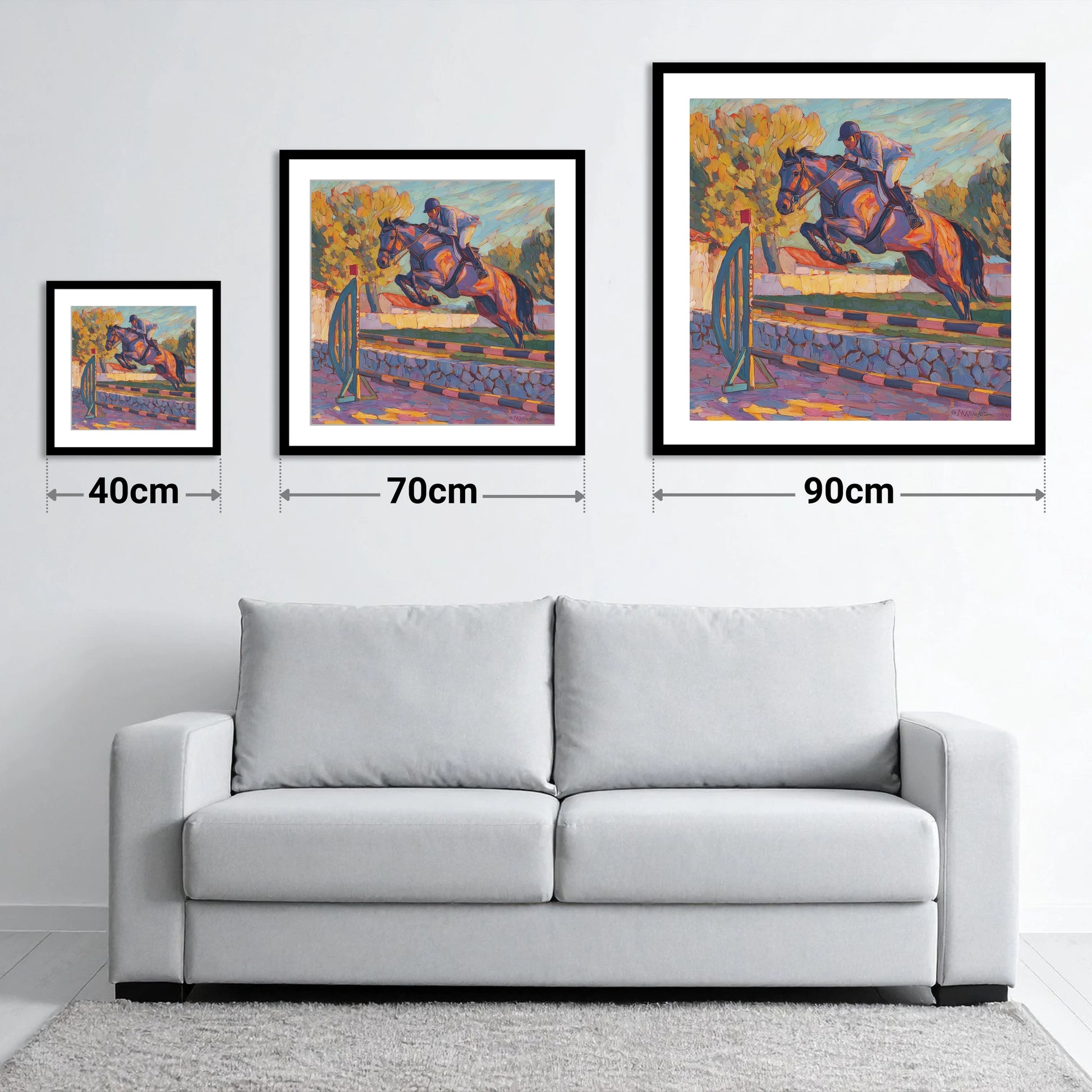 Sunset Flight - size guide showing 40cm, 70cm and 90cm art prints