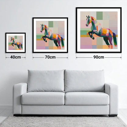 Modern Equine Leap - size guide showing 40cm, 70cm and 90cm art prints