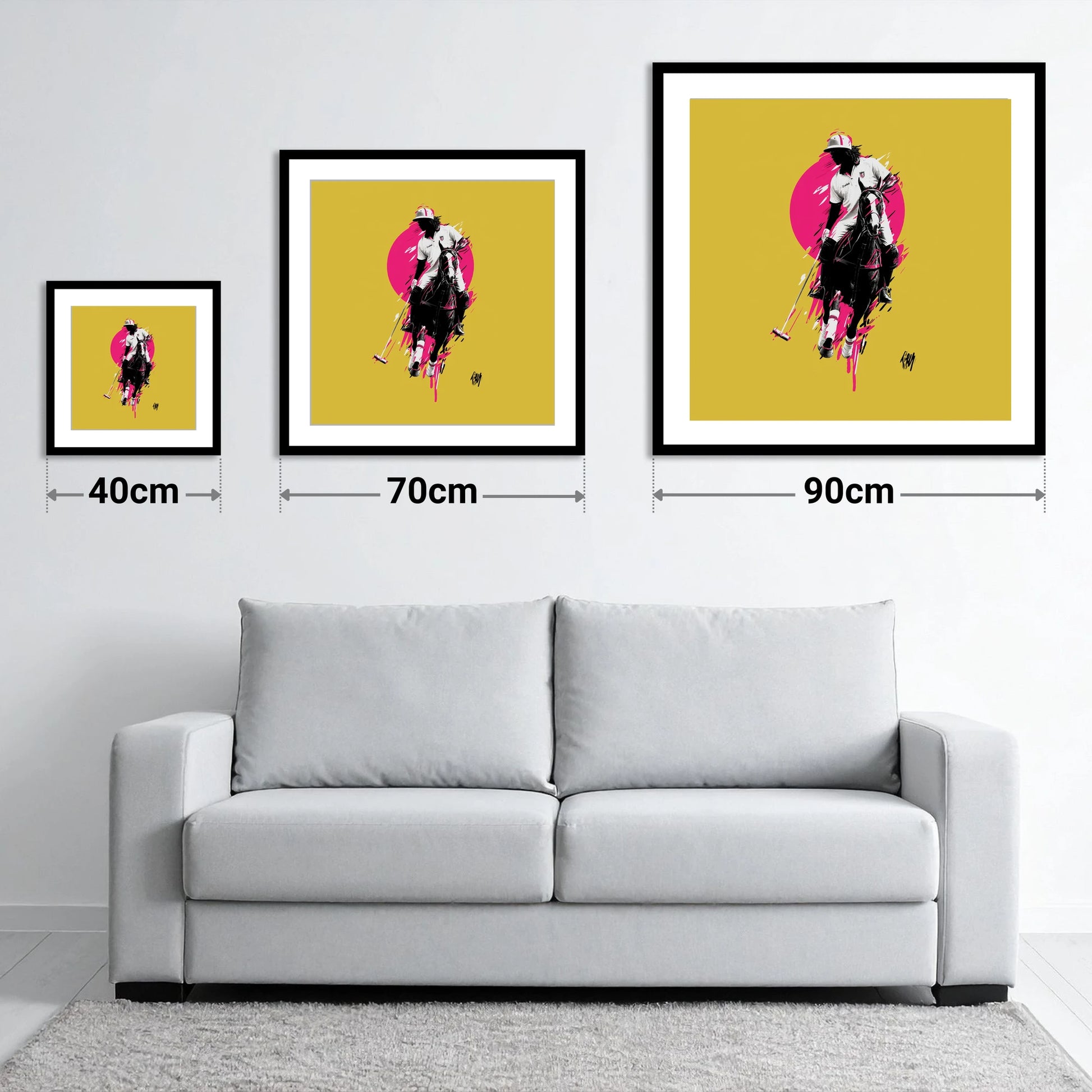 The Vibrant Chukka - size guide showing 40cm, 70cm and 90cm art prints