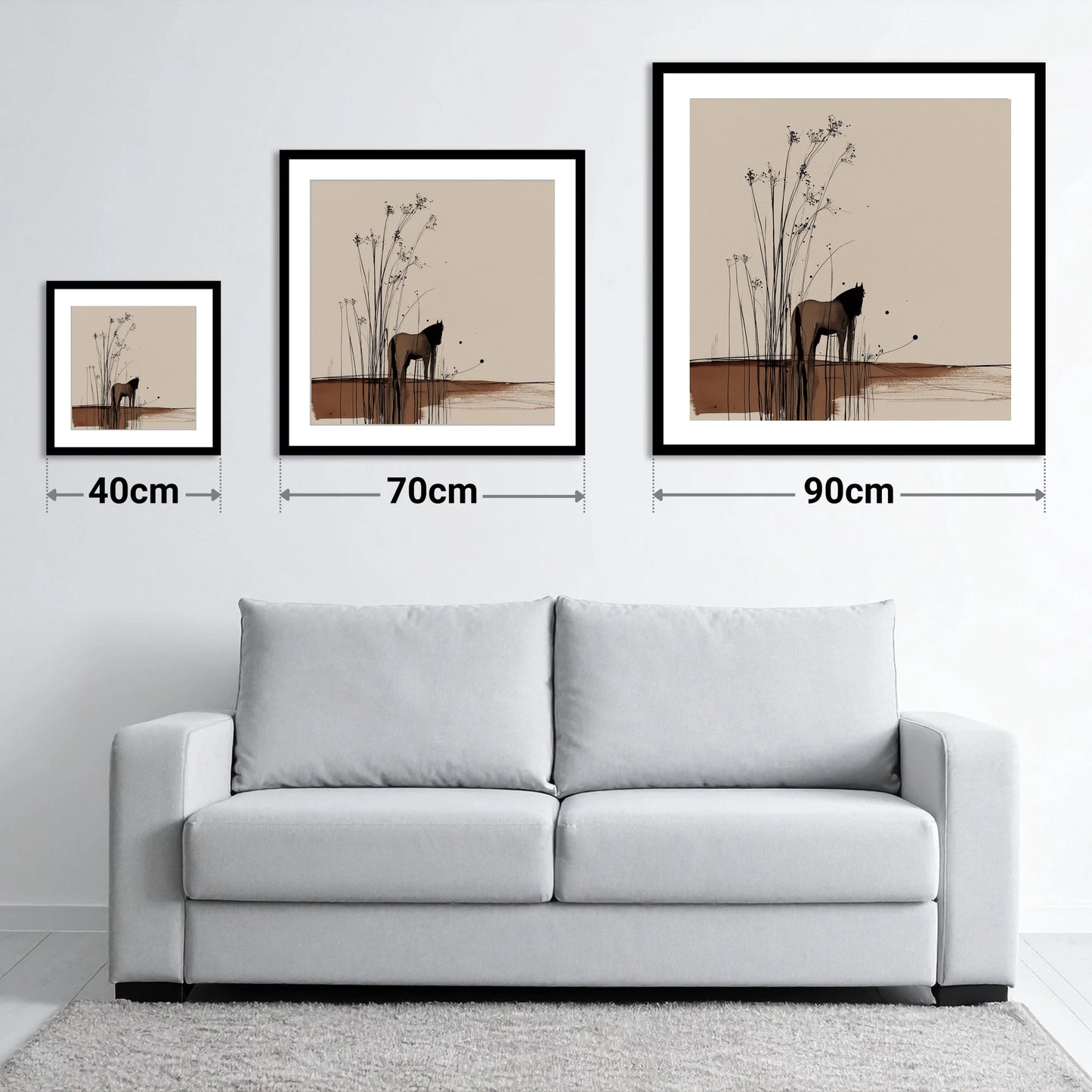 Whispers in the Reeds - size guide showing 40cm, 70cm and 90cm art prints