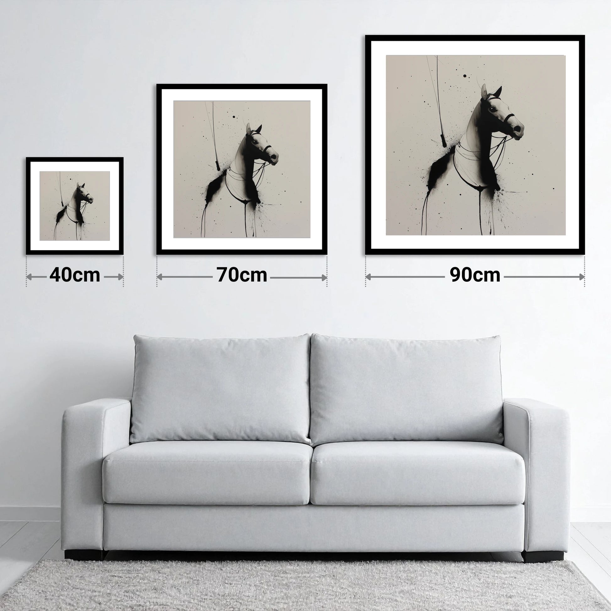 Inked Polo Silhouette - size guide showing 40cm, 70cm and 90cm art prints