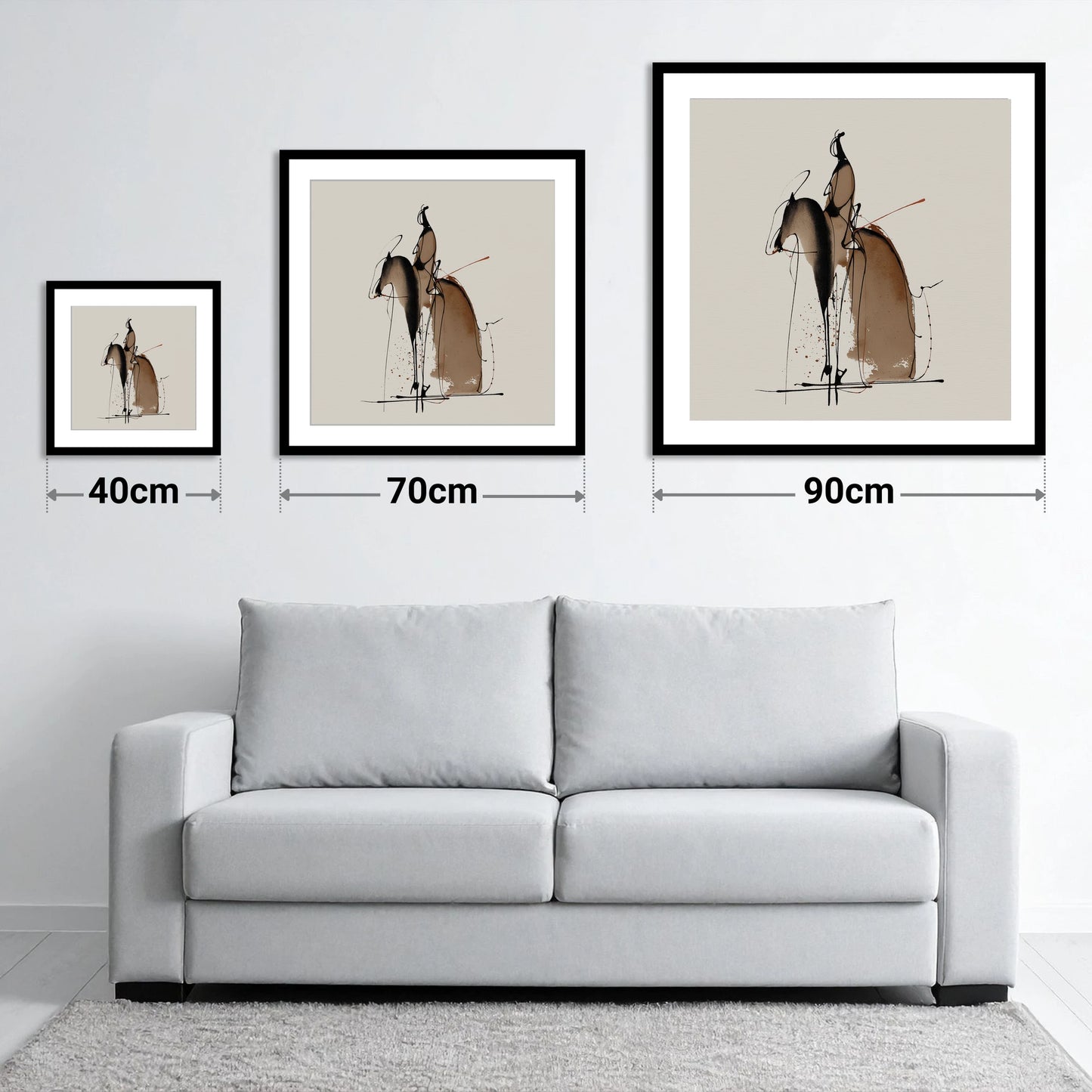 Collected Elegance - size guide showing 40cm, 70cm and 90cm art prints