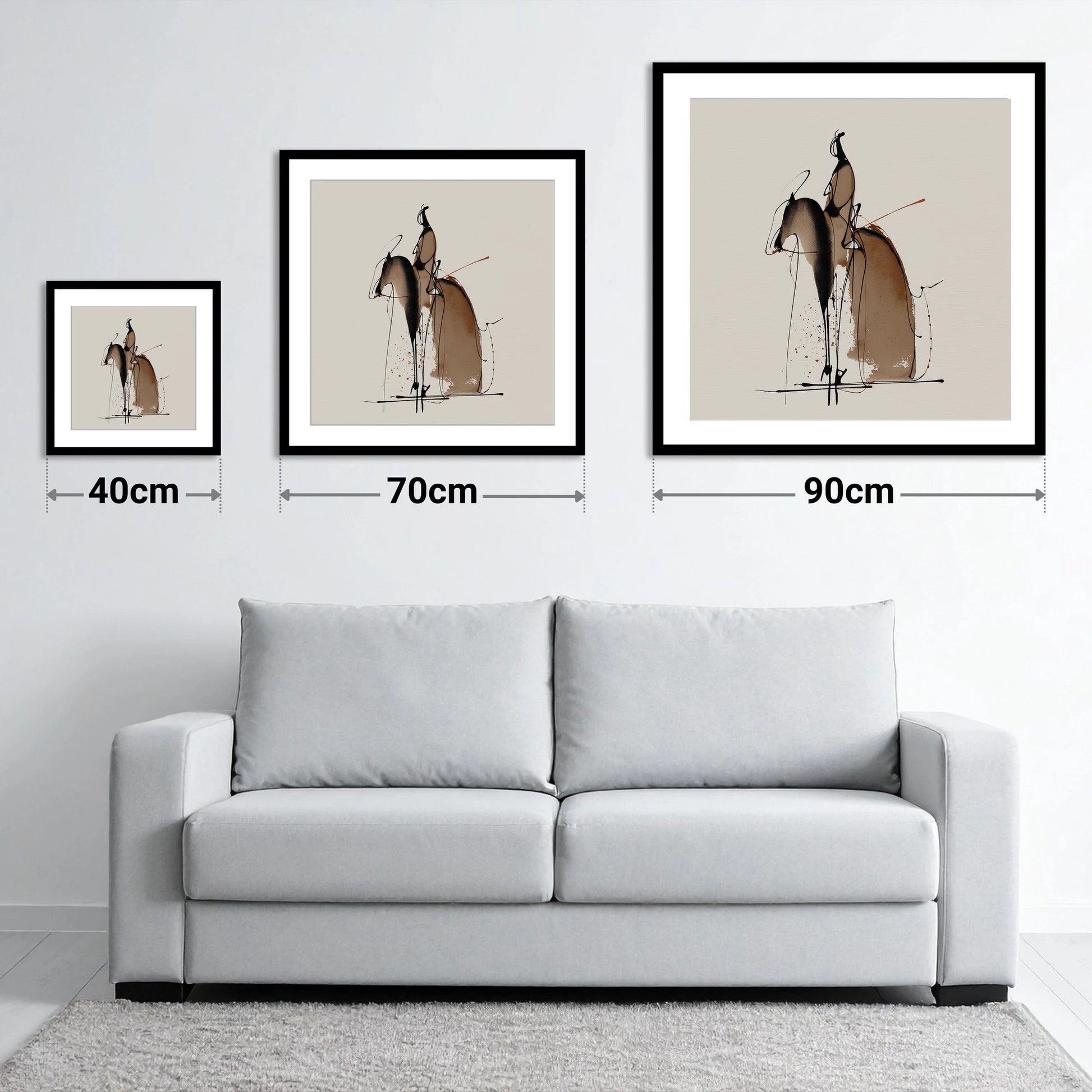 Collected Elegance - size guide showing 40cm, 70cm and 90cm art prints