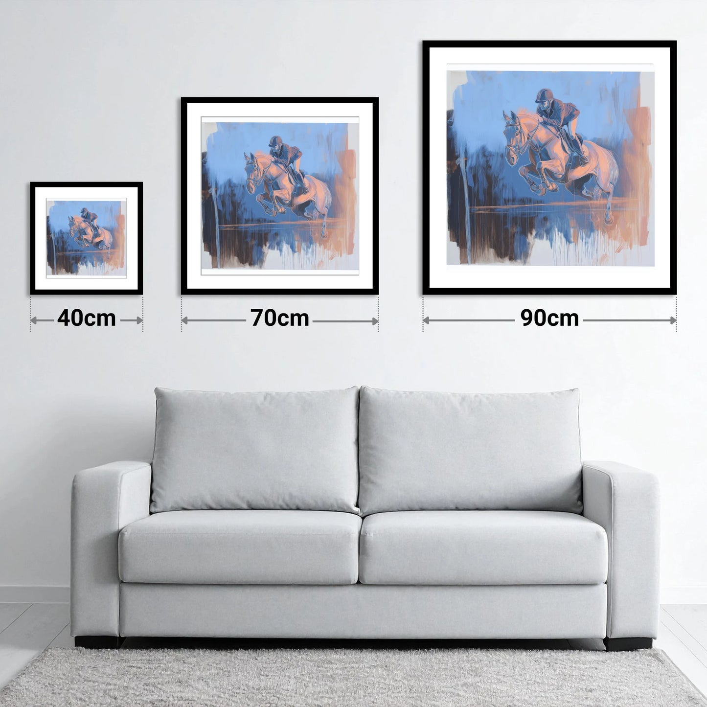 Suspended Over Cobalt - size guide showing 40cm, 70cm and 90cm art prints
