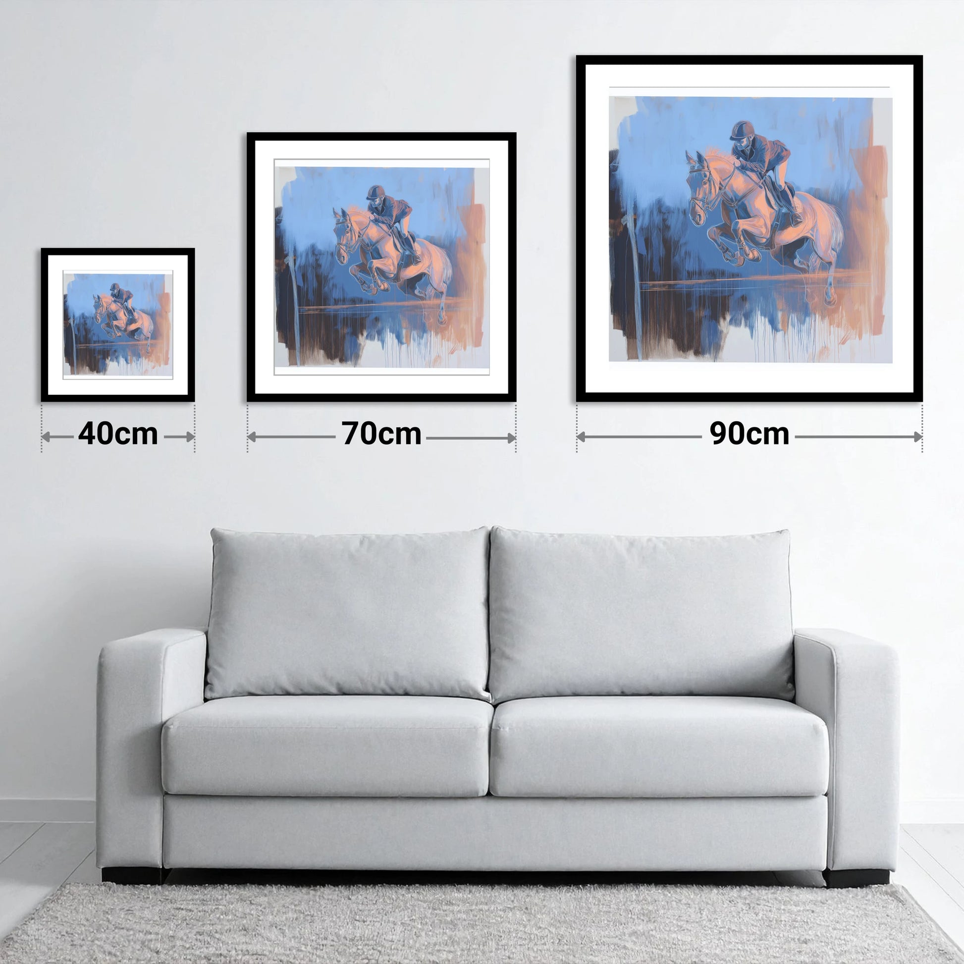 Suspended Over Cobalt - size guide showing 40cm, 70cm and 90cm art prints