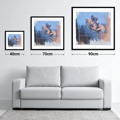Suspended Over Cobalt - size guide showing 40cm, 70cm and 90cm art prints