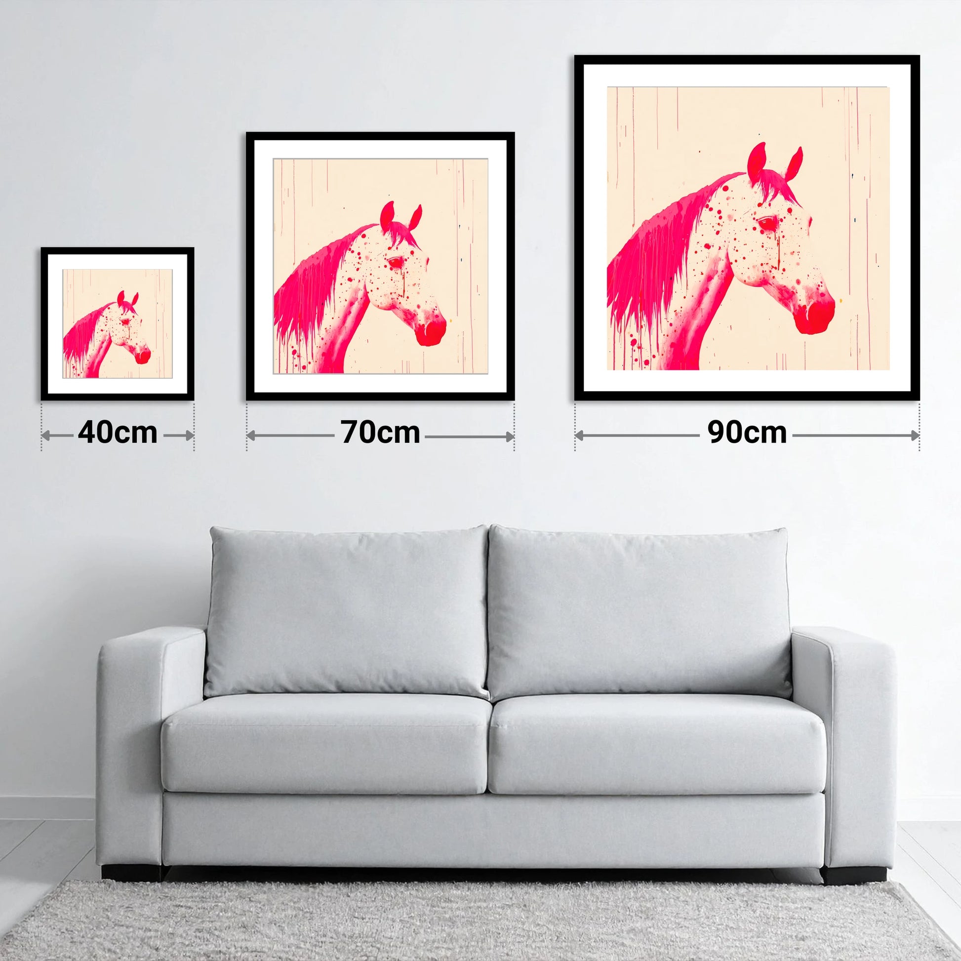 Bold Magenta Profile - size guide showing 40cm, 70cm and 90cm art prints
