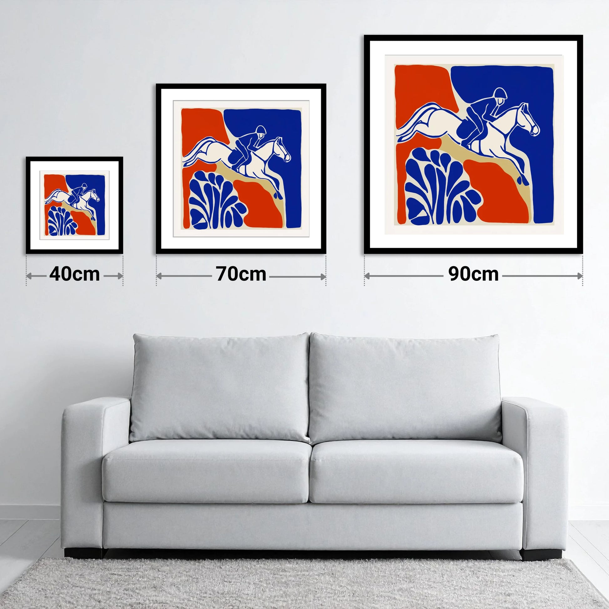 Cobalt Leap - size guide showing 40cm, 70cm and 90cm art prints