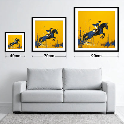 Airborne in Ochre - size guide showing 40cm, 70cm and 90cm art prints