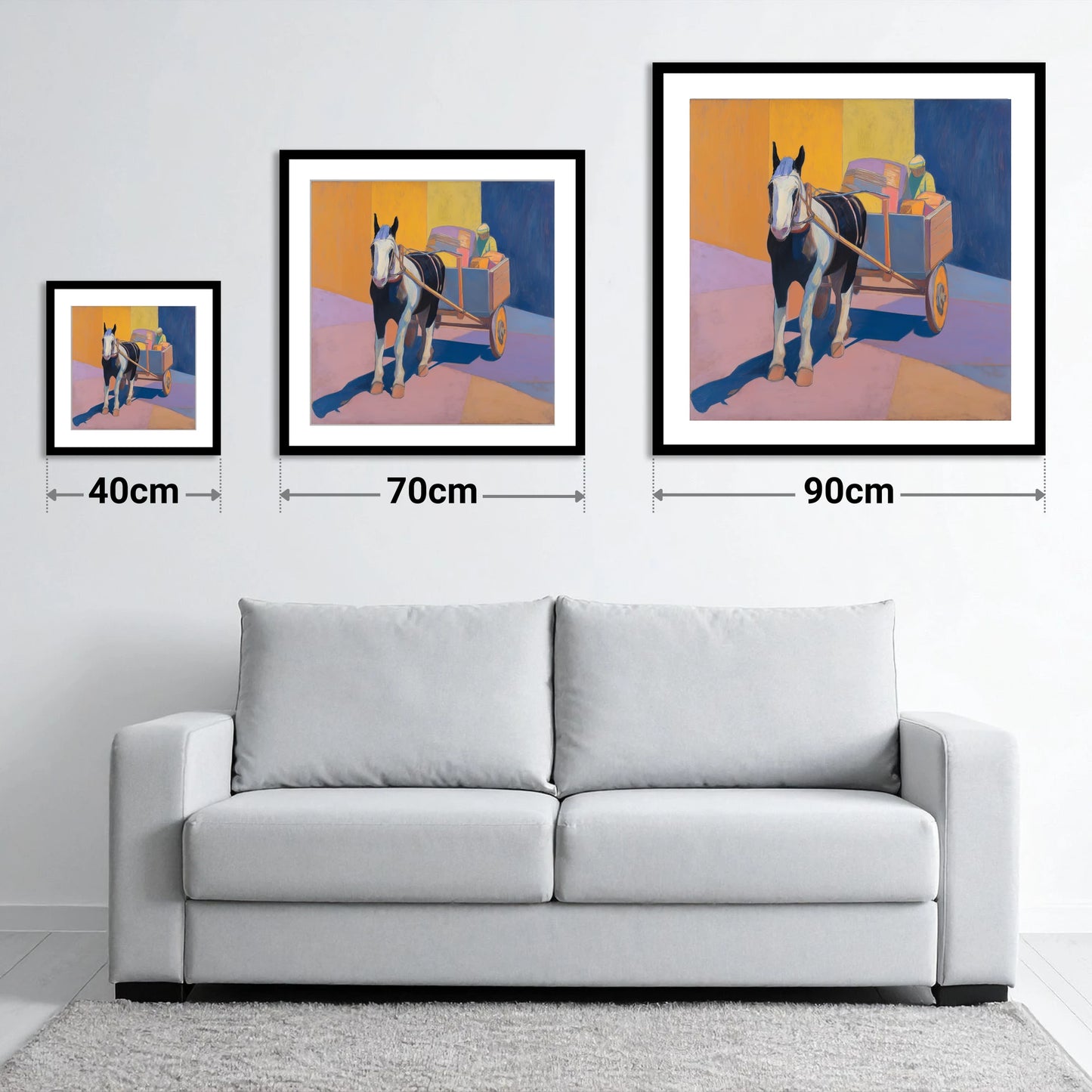 Bold Sunlit Cart Horse - size guide showing 40cm, 70cm and 90cm art prints