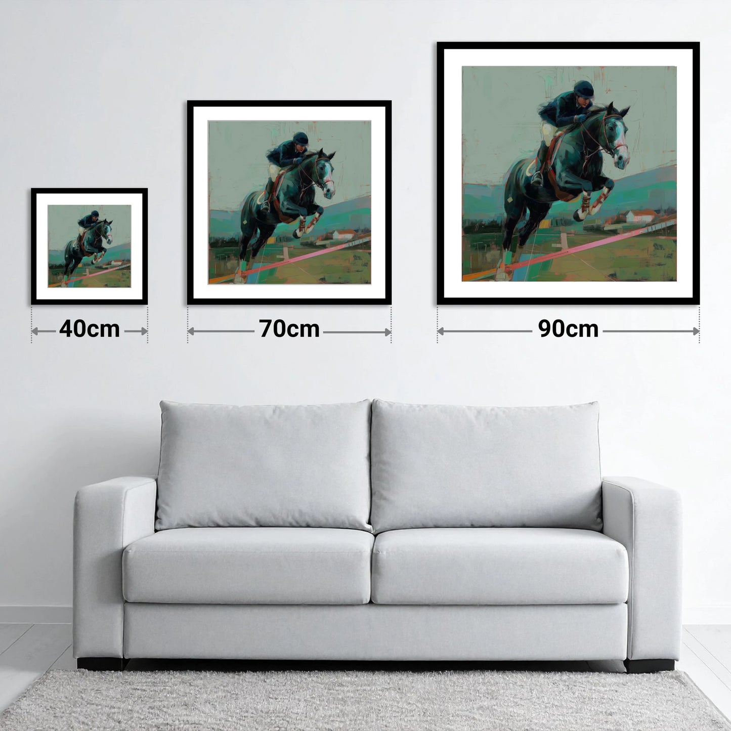 Midnight Flight - size guide showing 40cm, 70cm and 90cm art prints