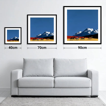 Gallop Beneath the Peaks - size guide showing 40cm, 70cm and 90cm art prints