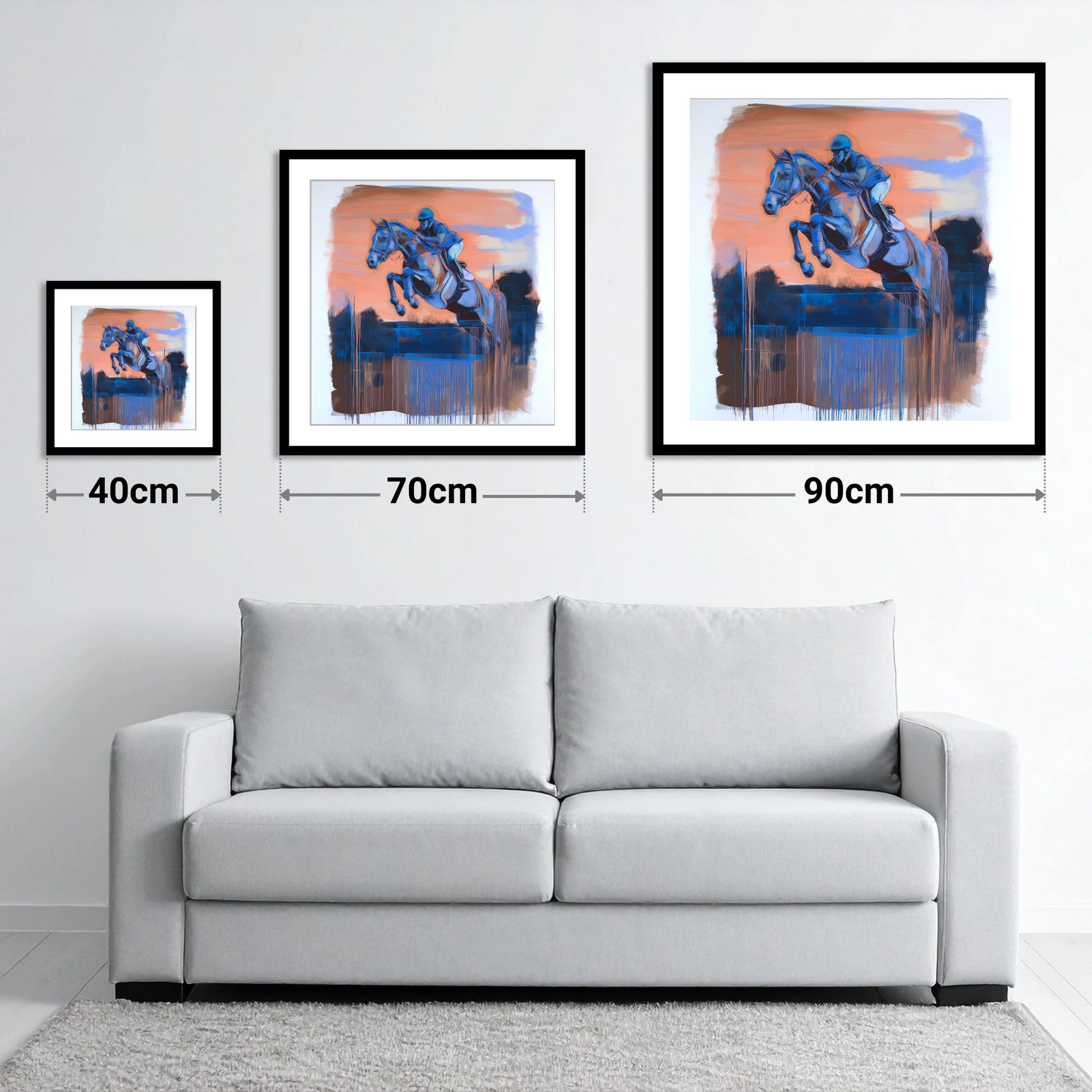 Cobalt Clearance - size guide showing 40cm, 70cm and 90cm art prints