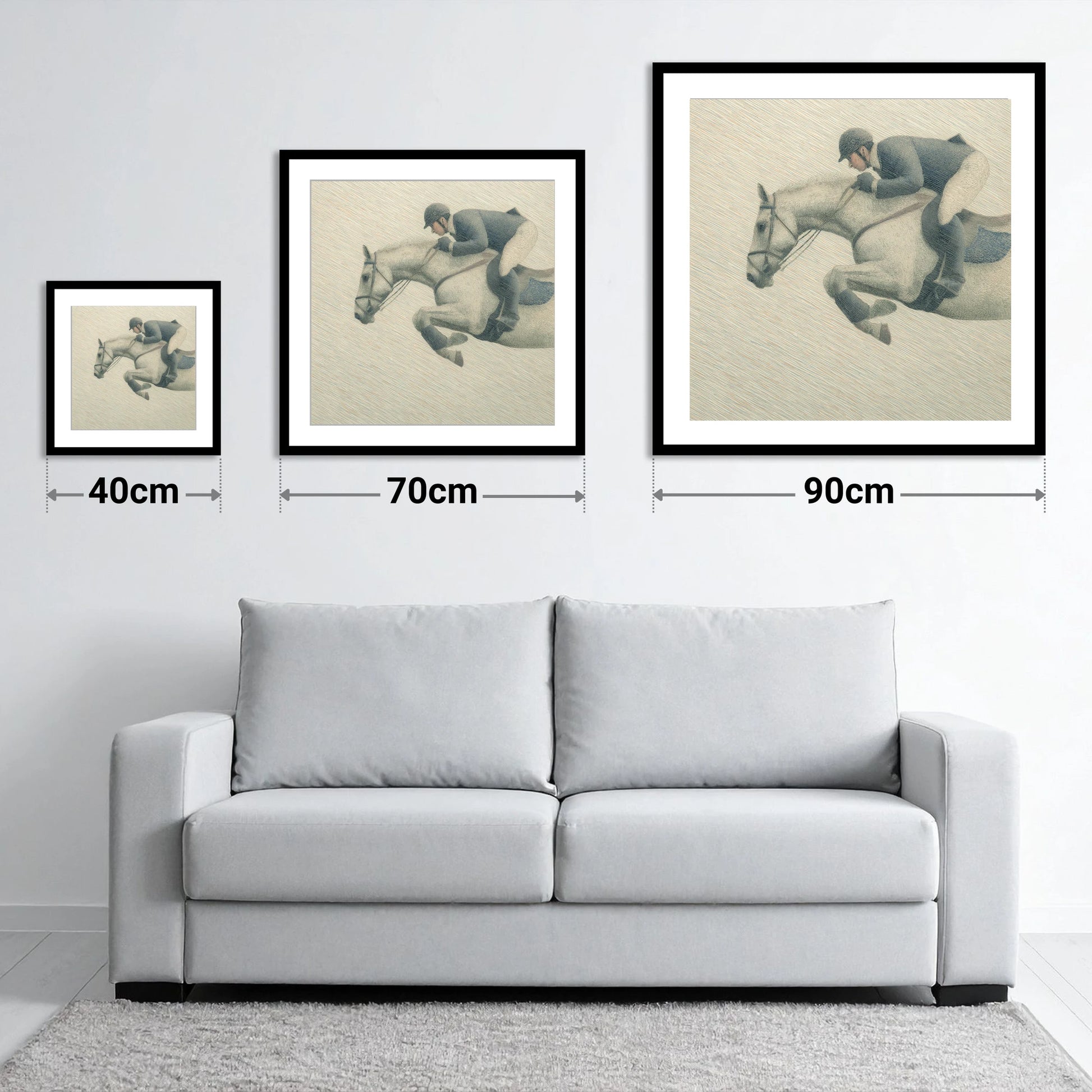 Structured Flight - size guide showing 40cm, 70cm and 90cm art prints