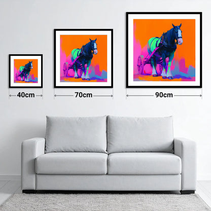 Electric Heavy Horse - size guide showing 40cm, 70cm and 90cm art prints