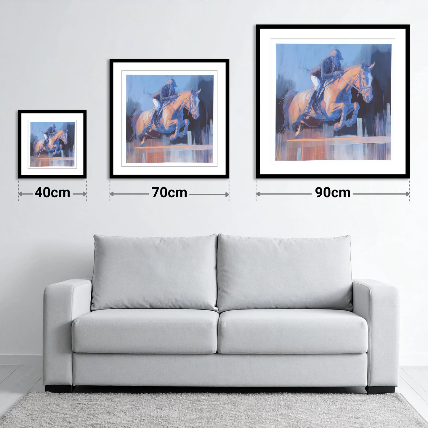 Cobalt Ascent - size guide showing 40cm, 70cm and 90cm art prints