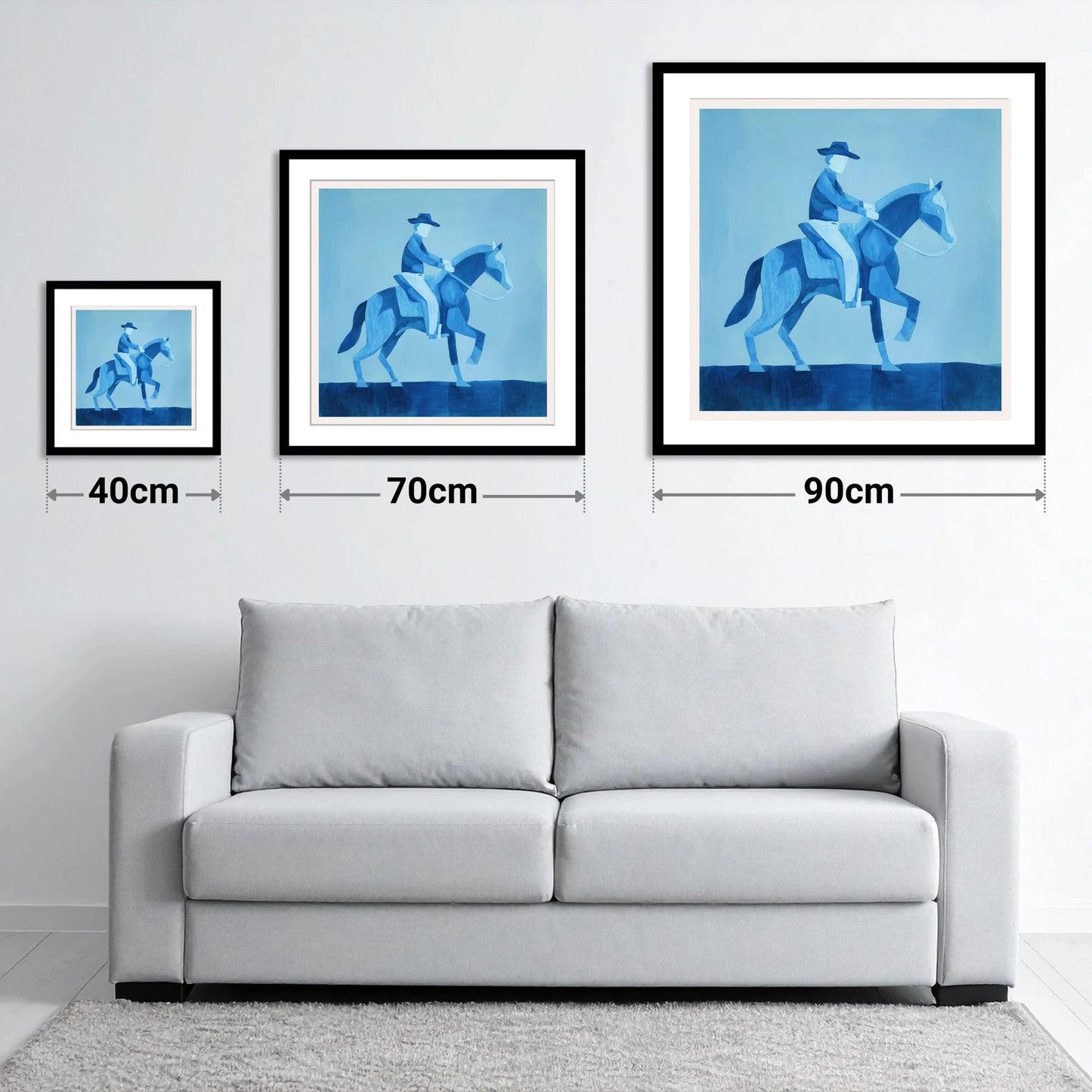 Azure Western Cadence - size guide showing 40cm, 70cm and 90cm art prints