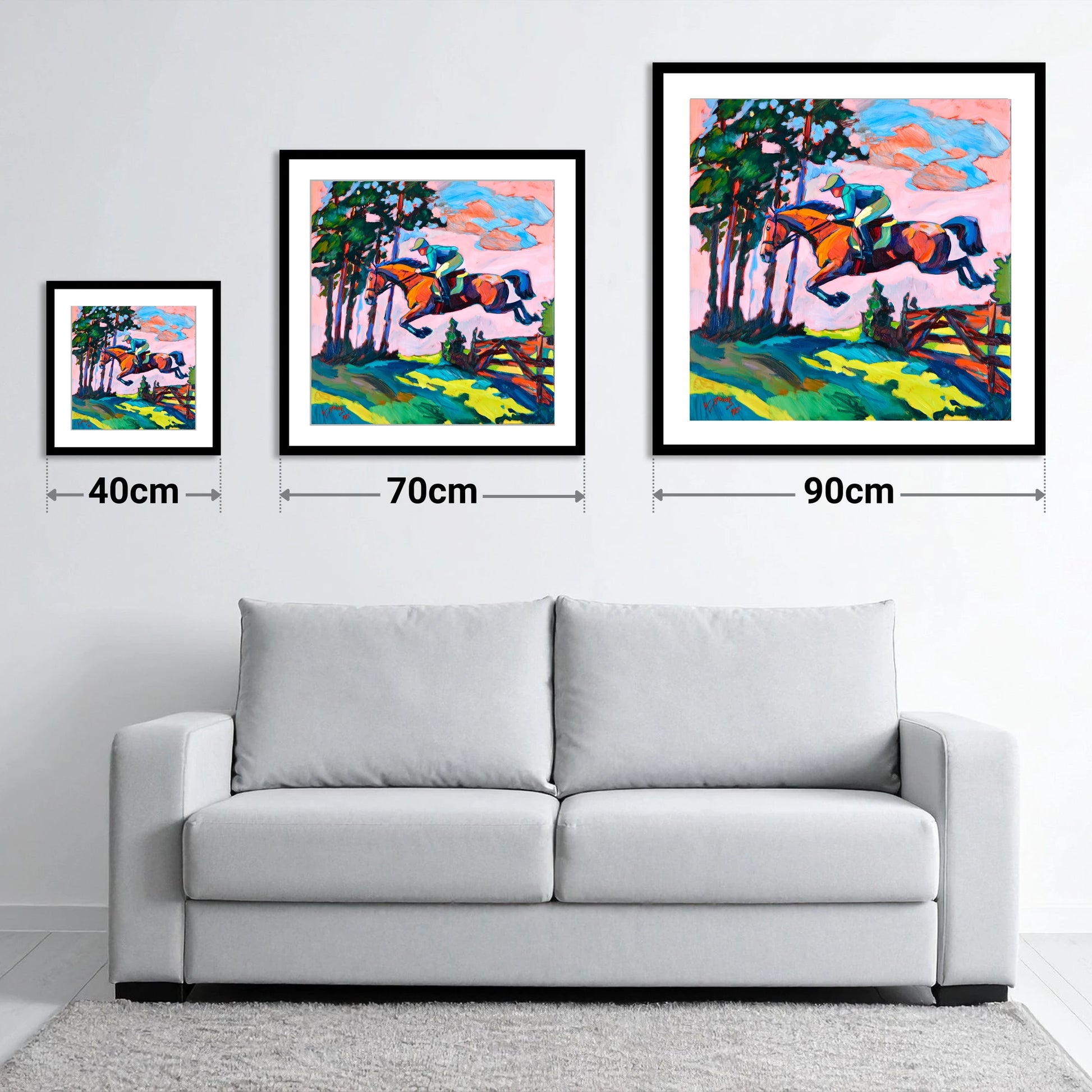 Vibrant Cross Country Leap - size guide showing 40cm, 70cm and 90cm art prints