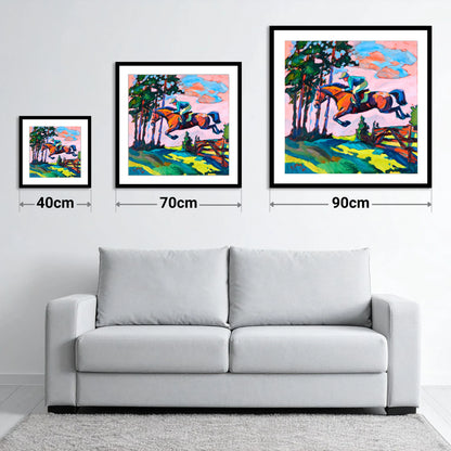 Vibrant Cross Country Leap - size guide showing 40cm, 70cm and 90cm art prints