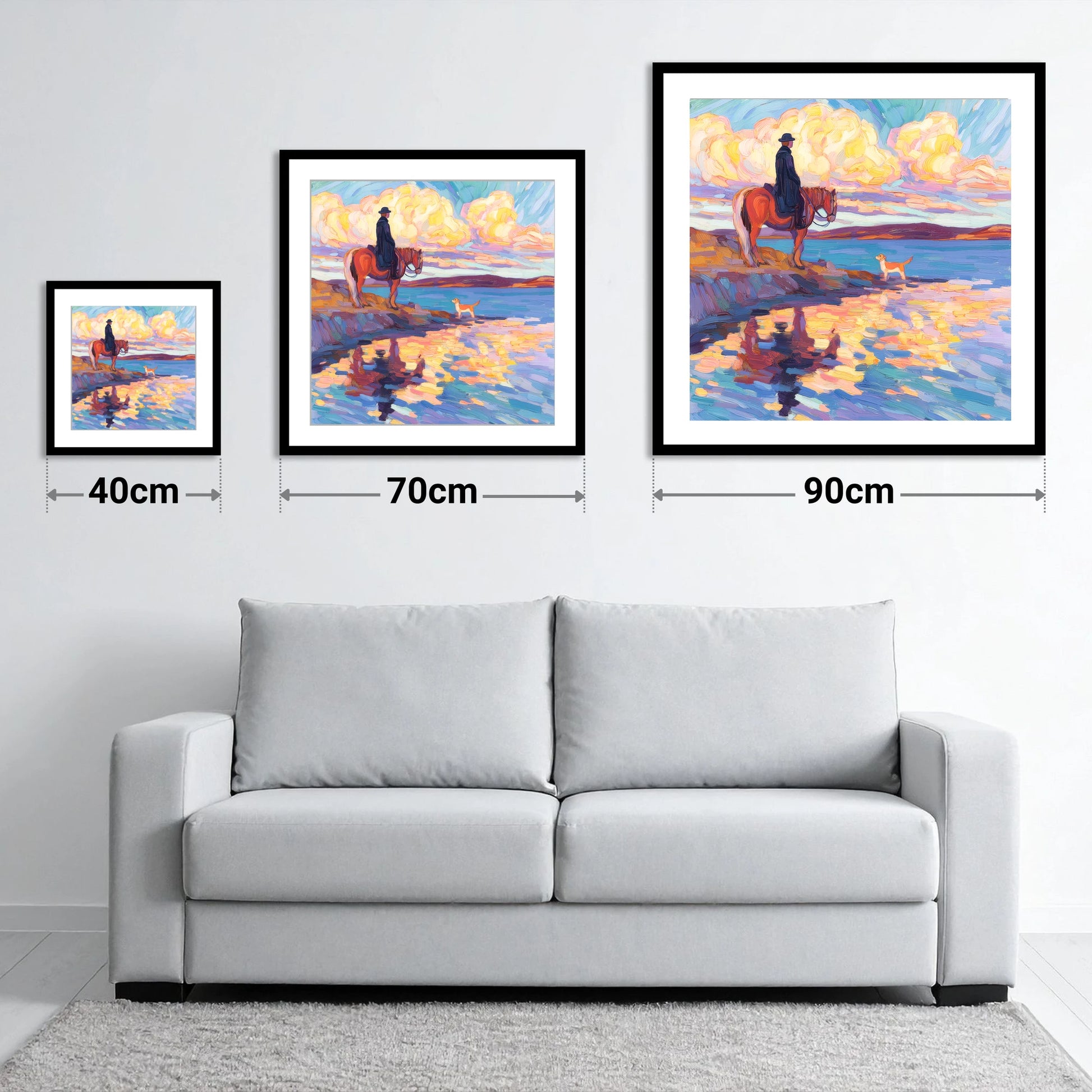 Evening Tide Halt - size guide showing 40cm, 70cm and 90cm art prints