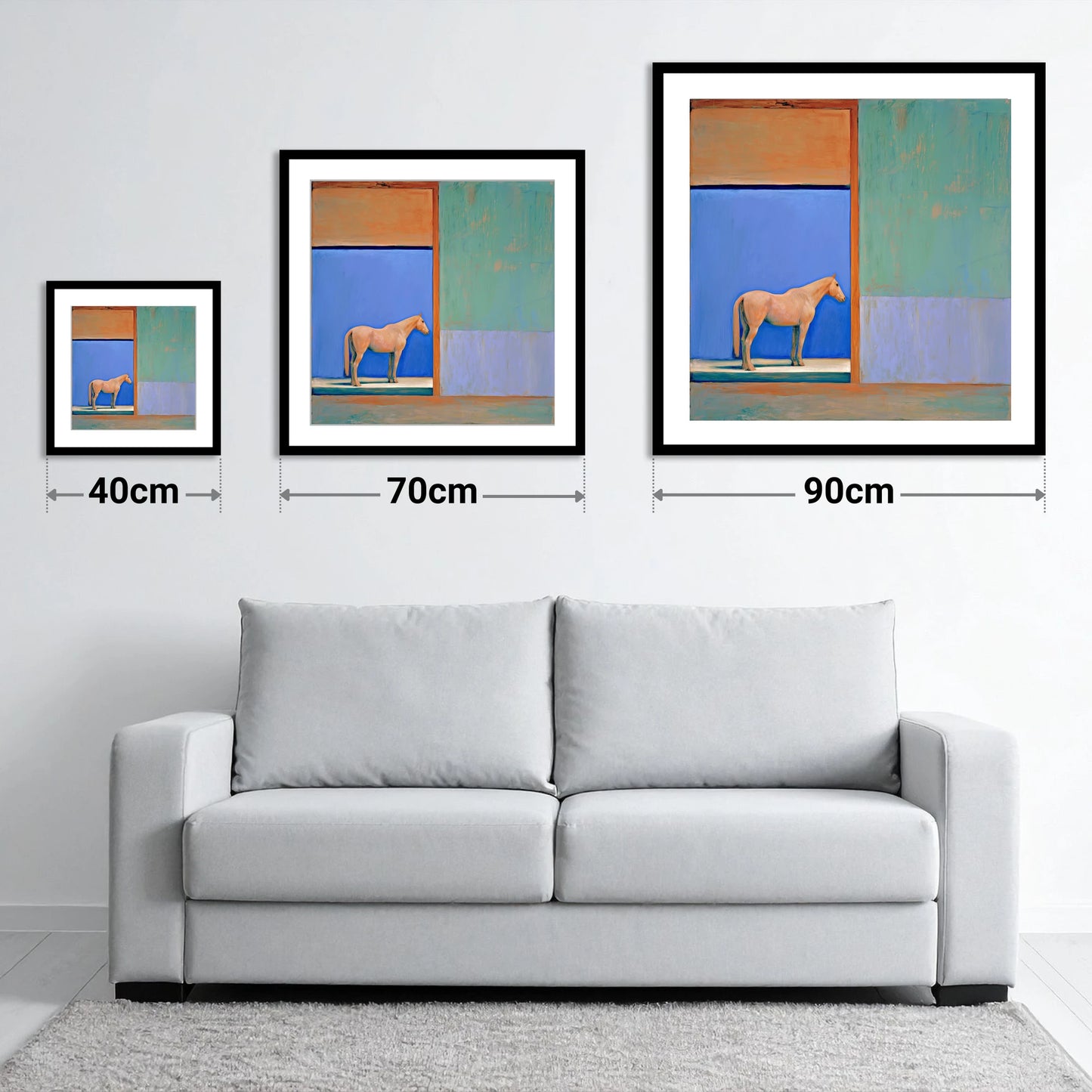 Cobalt Stable Light - size guide showing 40cm, 70cm and 90cm art prints