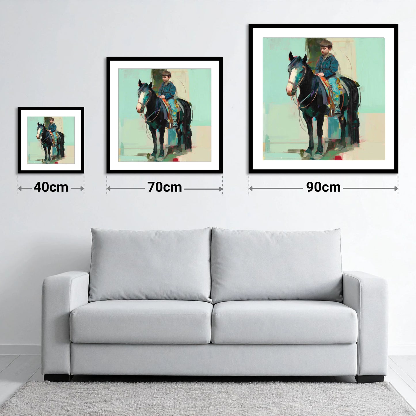 The Quiet Partnership - size guide showing 40cm, 70cm and 90cm art prints