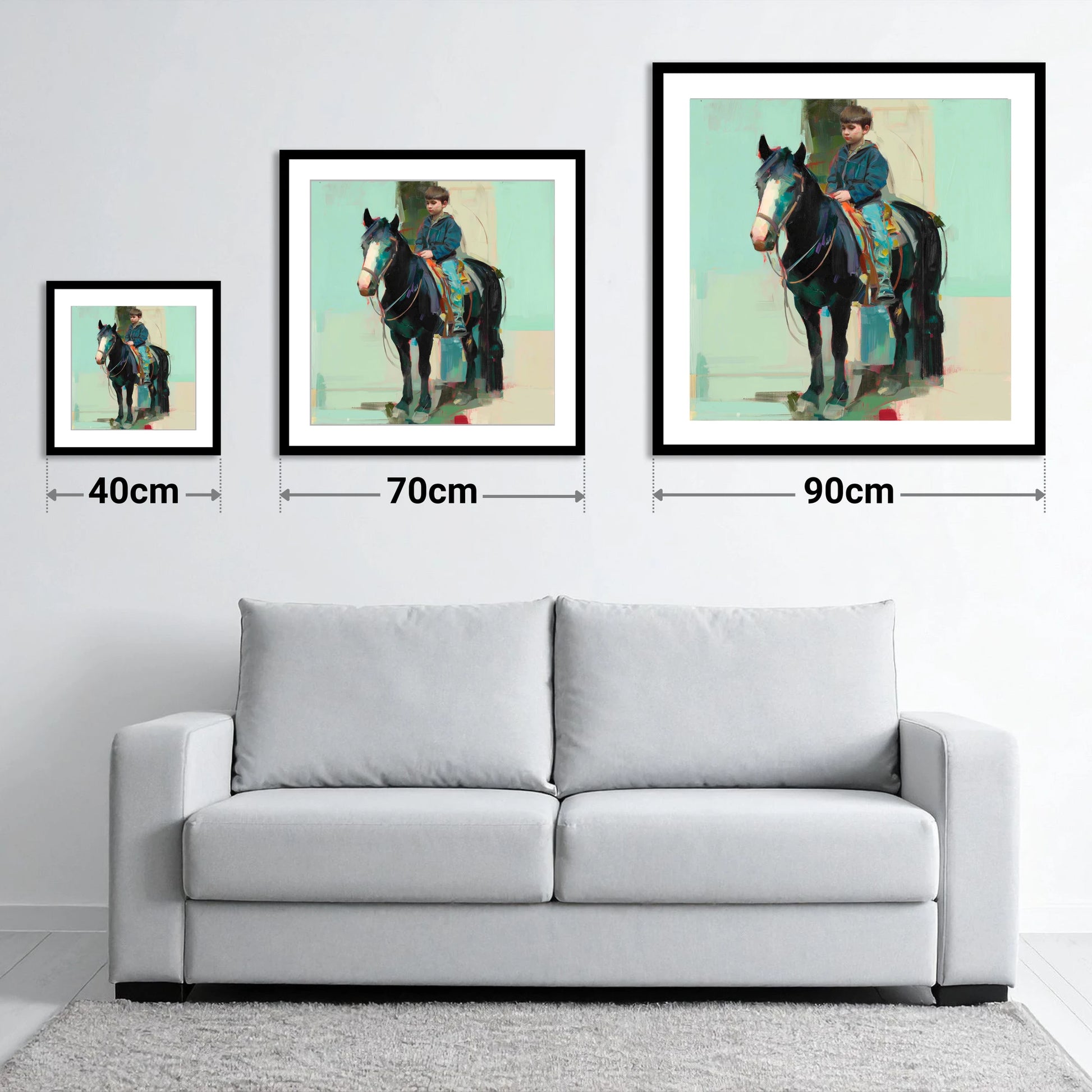 The Quiet Partnership - size guide showing 40cm, 70cm and 90cm art prints