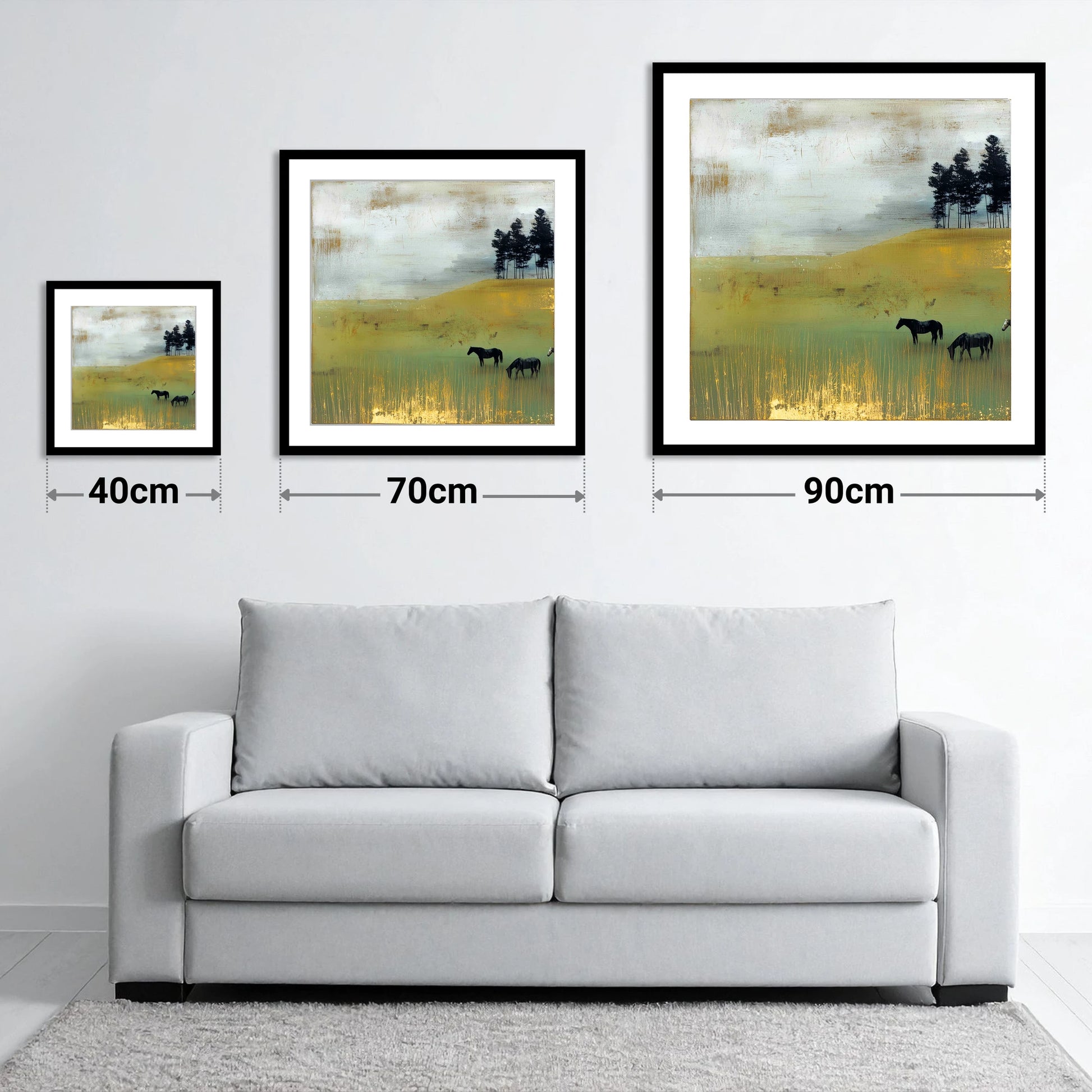 Gilded Grazing - size guide showing 40cm, 70cm and 90cm art prints