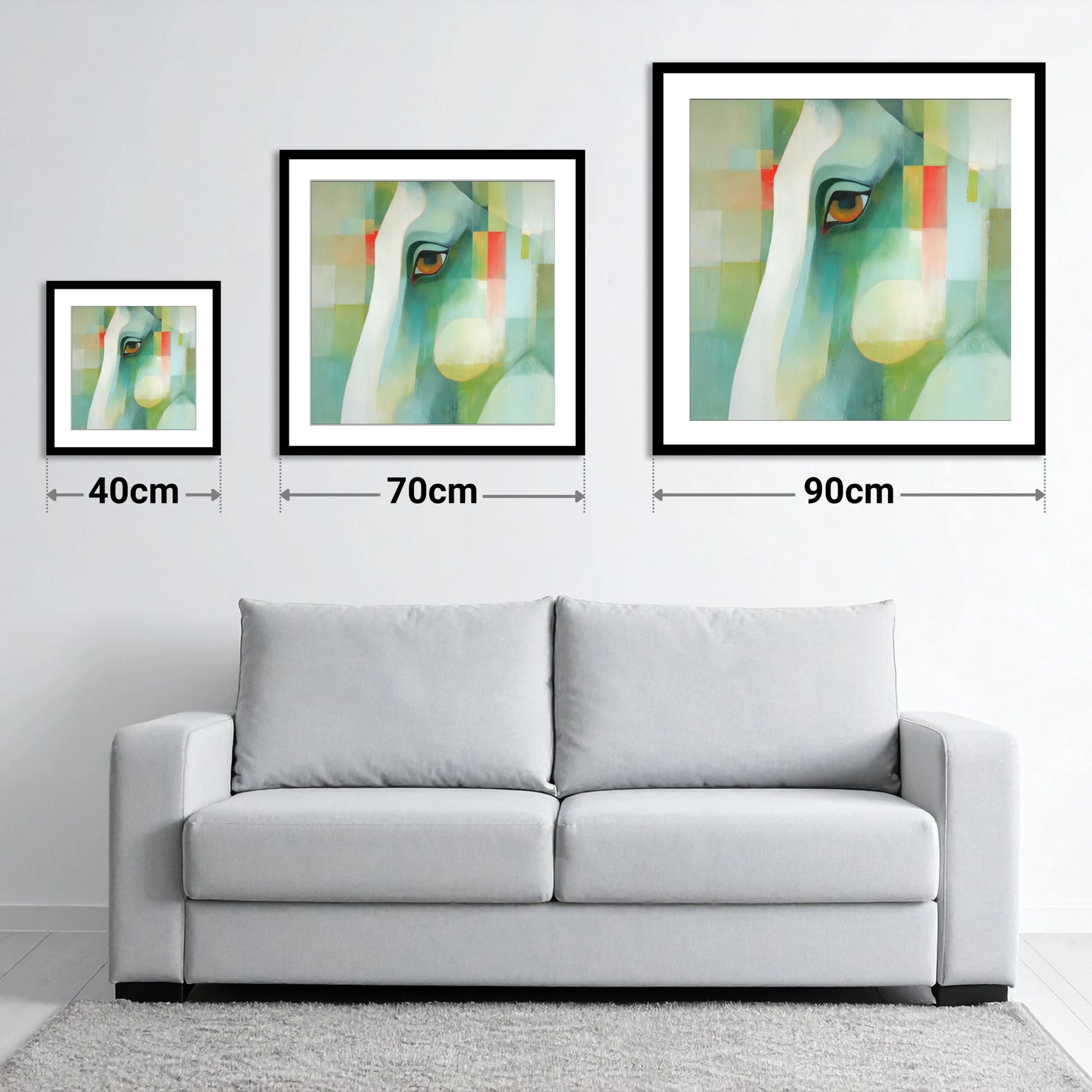 The Geometric Gaze - size guide showing 40cm, 70cm and 90cm art prints