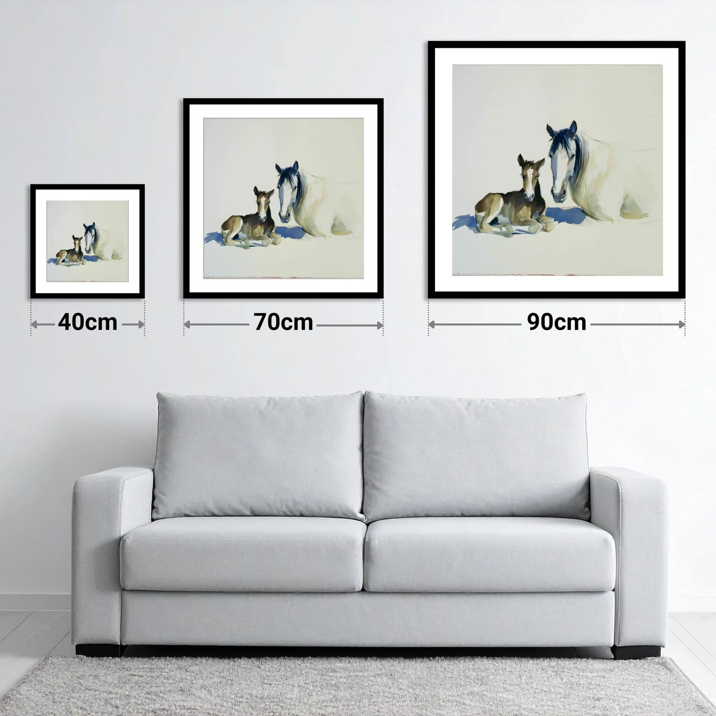 Quiet Devotion - size guide showing 40cm, 70cm and 90cm art prints