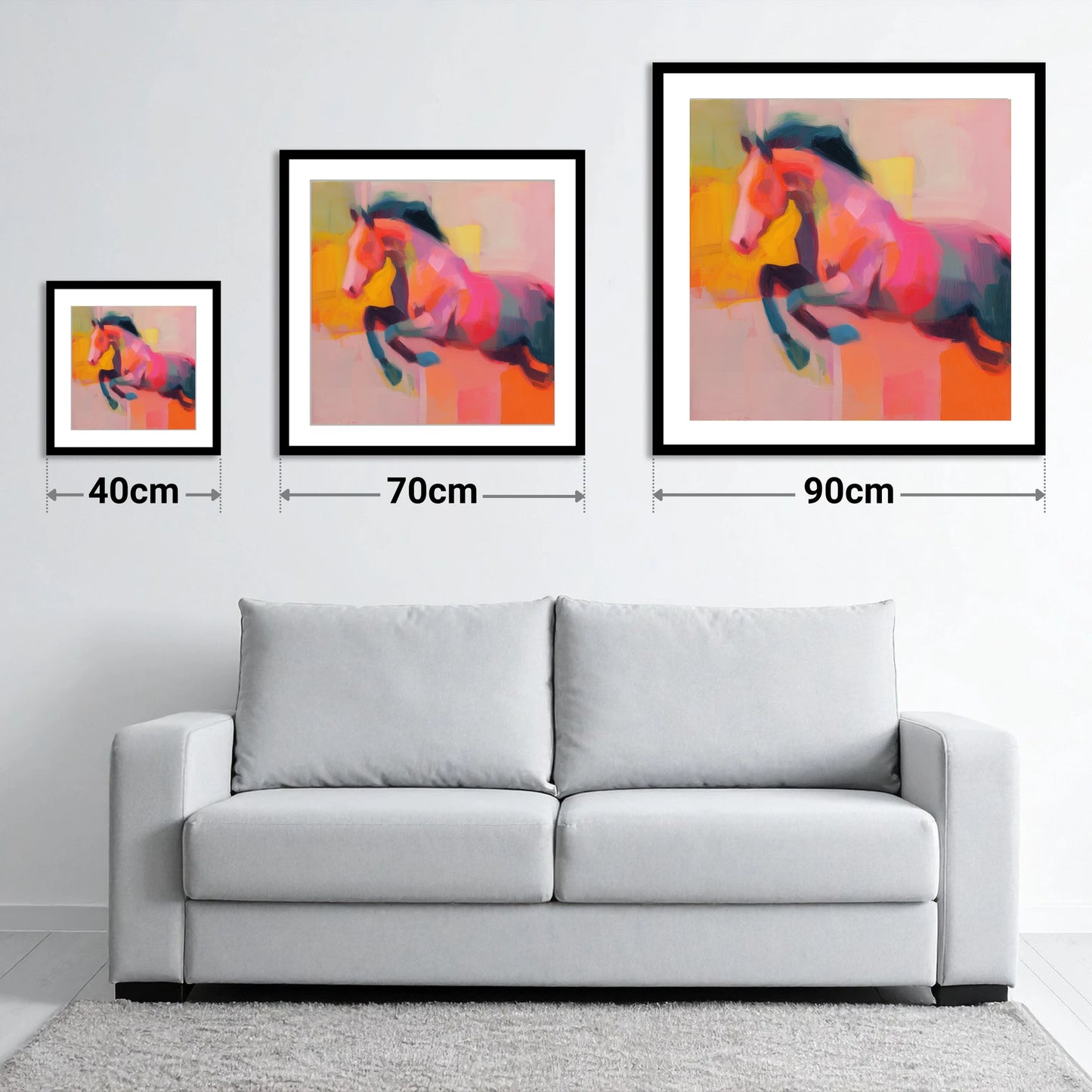 Fiery Leap - size guide showing 40cm, 70cm and 90cm art prints
