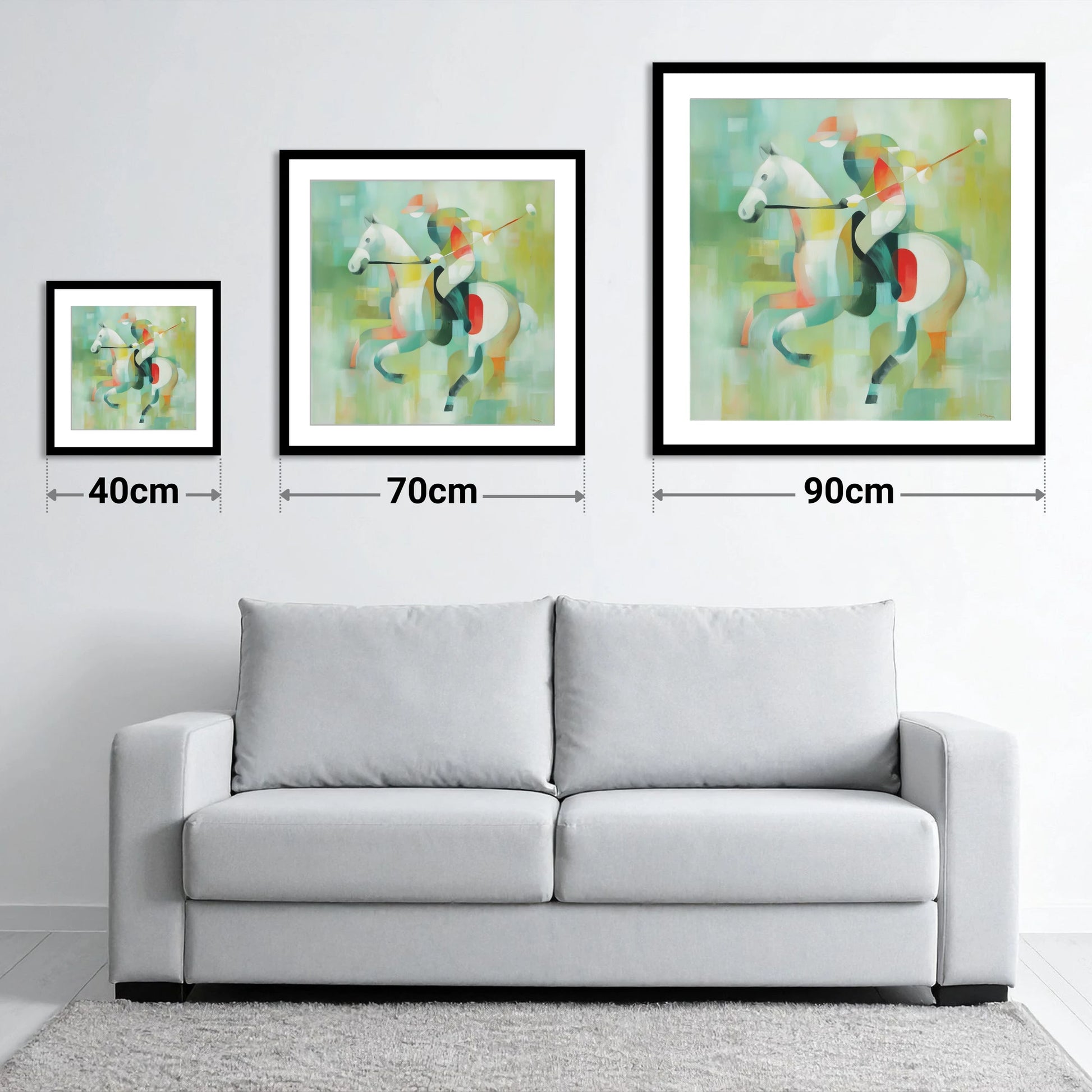 Abstract Polo Canter - size guide showing 40cm, 70cm and 90cm art prints