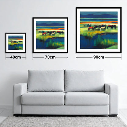 Vibrant Grazing Herd - size guide showing 40cm, 70cm and 90cm art prints