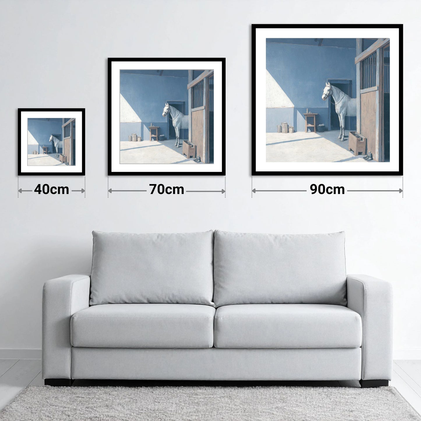 Quiet Morning Yard - size guide showing 40cm, 70cm and 90cm art prints
