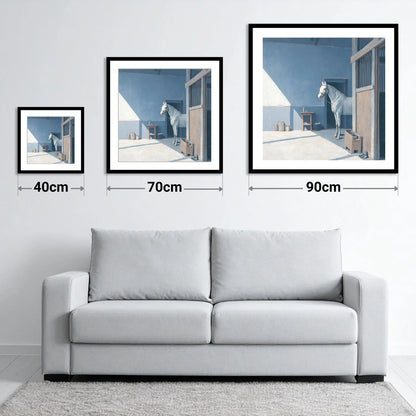 Quiet Morning Yard - size guide showing 40cm, 70cm and 90cm art prints