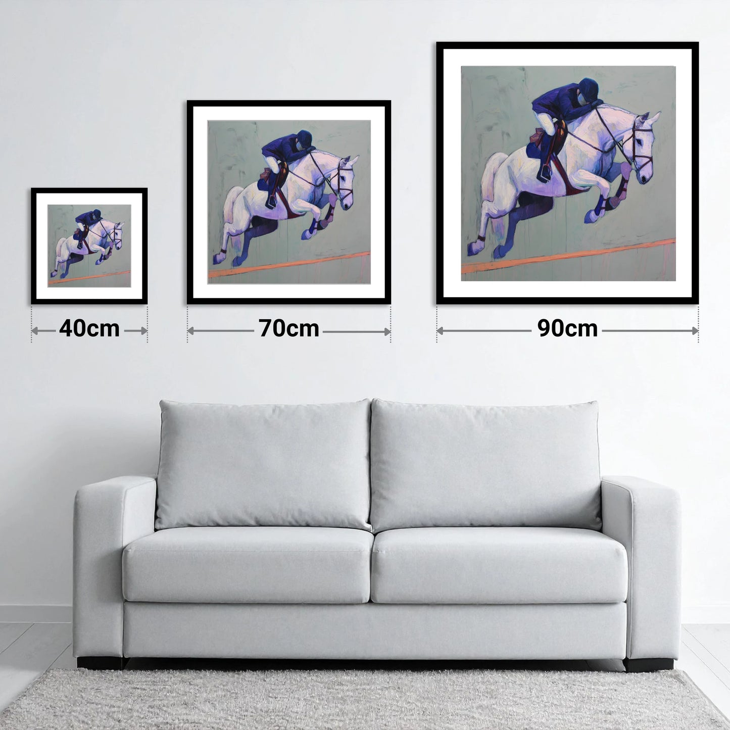 Suspended in Blue - size guide showing 40cm, 70cm and 90cm art prints