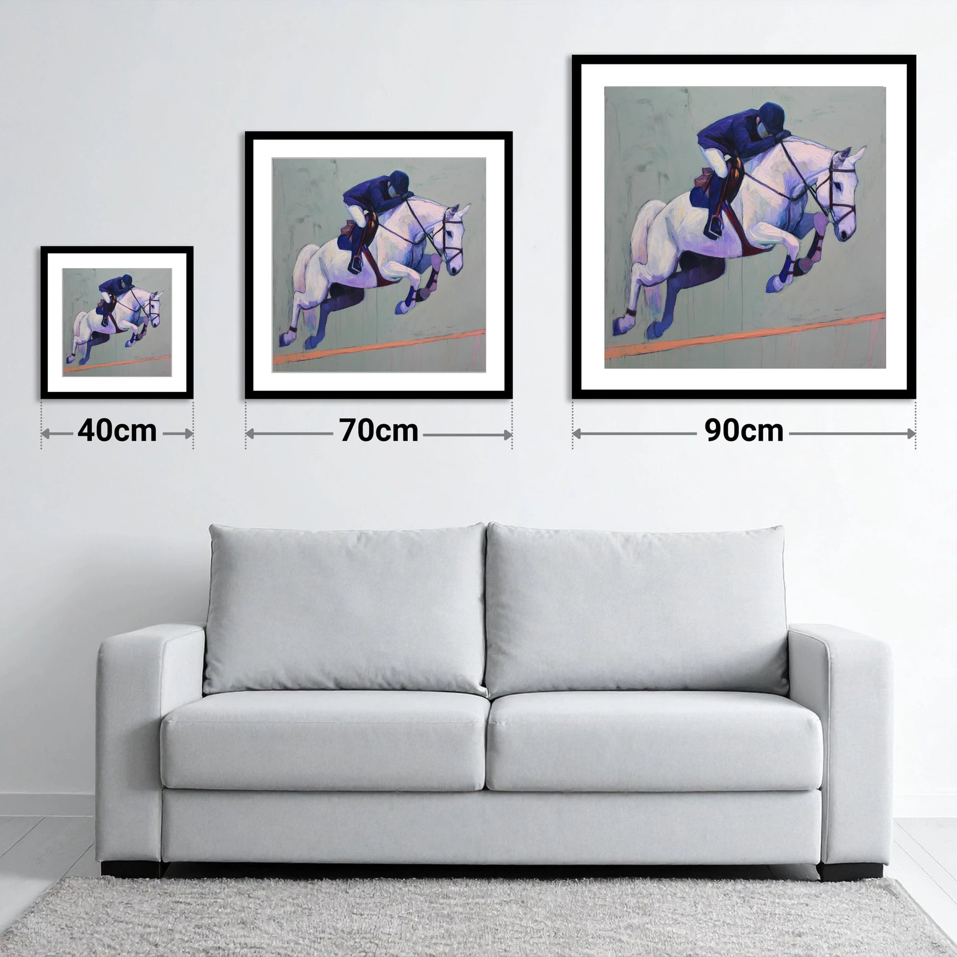 Suspended in Blue - size guide showing 40cm, 70cm and 90cm art prints