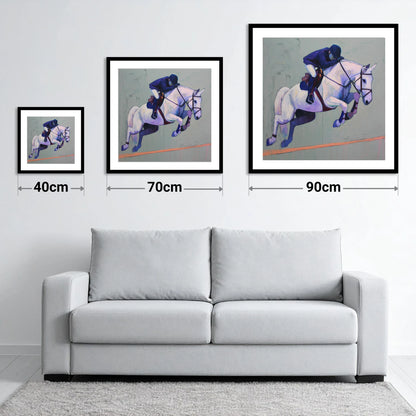 Suspended in Blue - size guide showing 40cm, 70cm and 90cm art prints