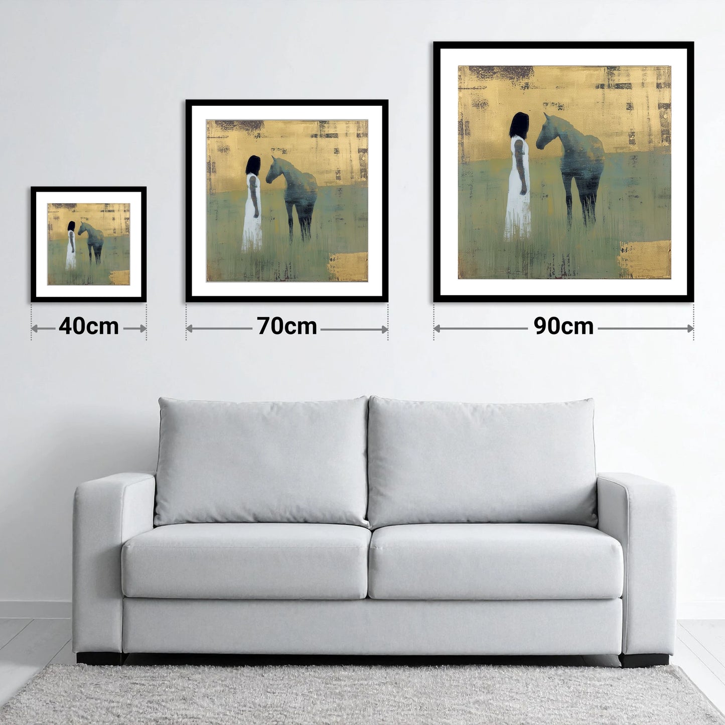 A Quiet Connection - size guide showing 40cm, 70cm and 90cm art prints