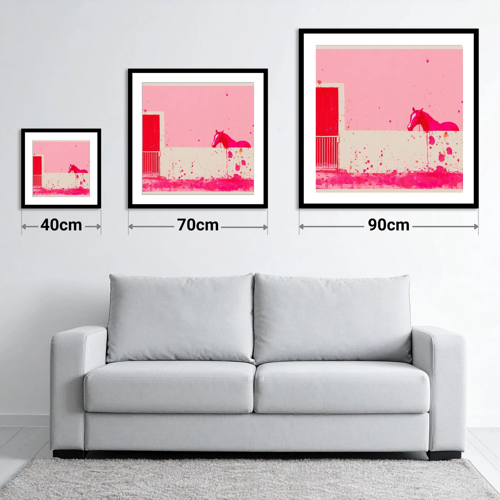 Crimson Doorway - size guide showing 40cm, 70cm and 90cm art prints