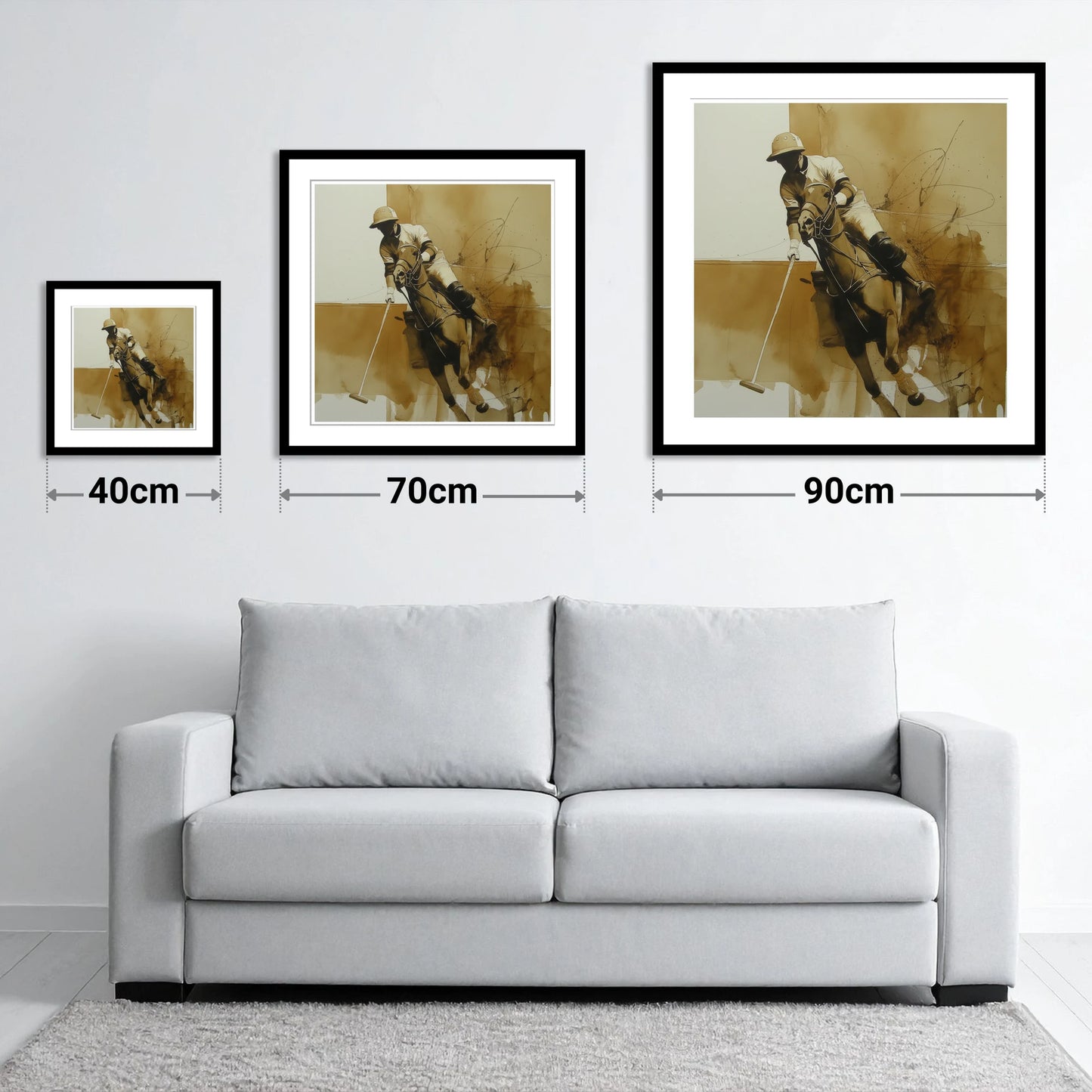 Sepia Polo Momentum - size guide showing 40cm, 70cm and 90cm art prints