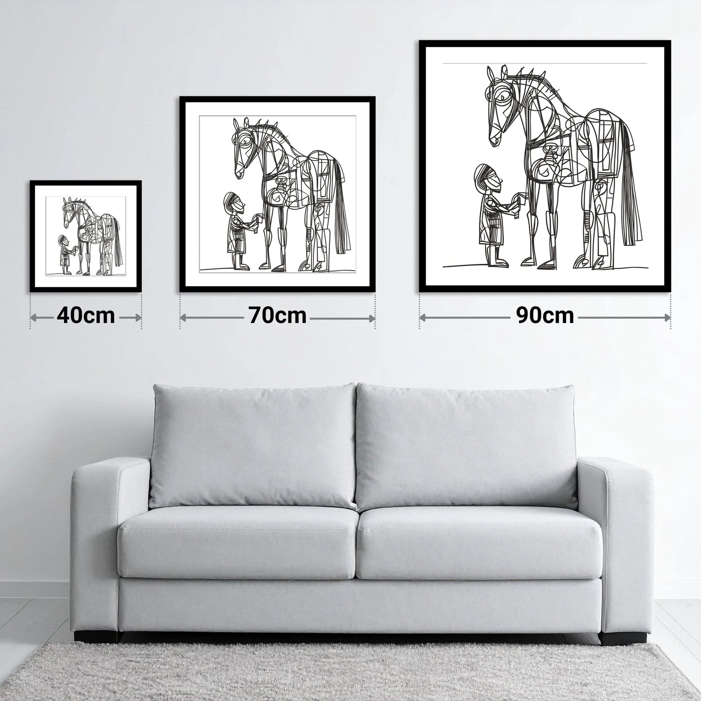 Linear Harmony - size guide showing 40cm, 70cm and 90cm art prints