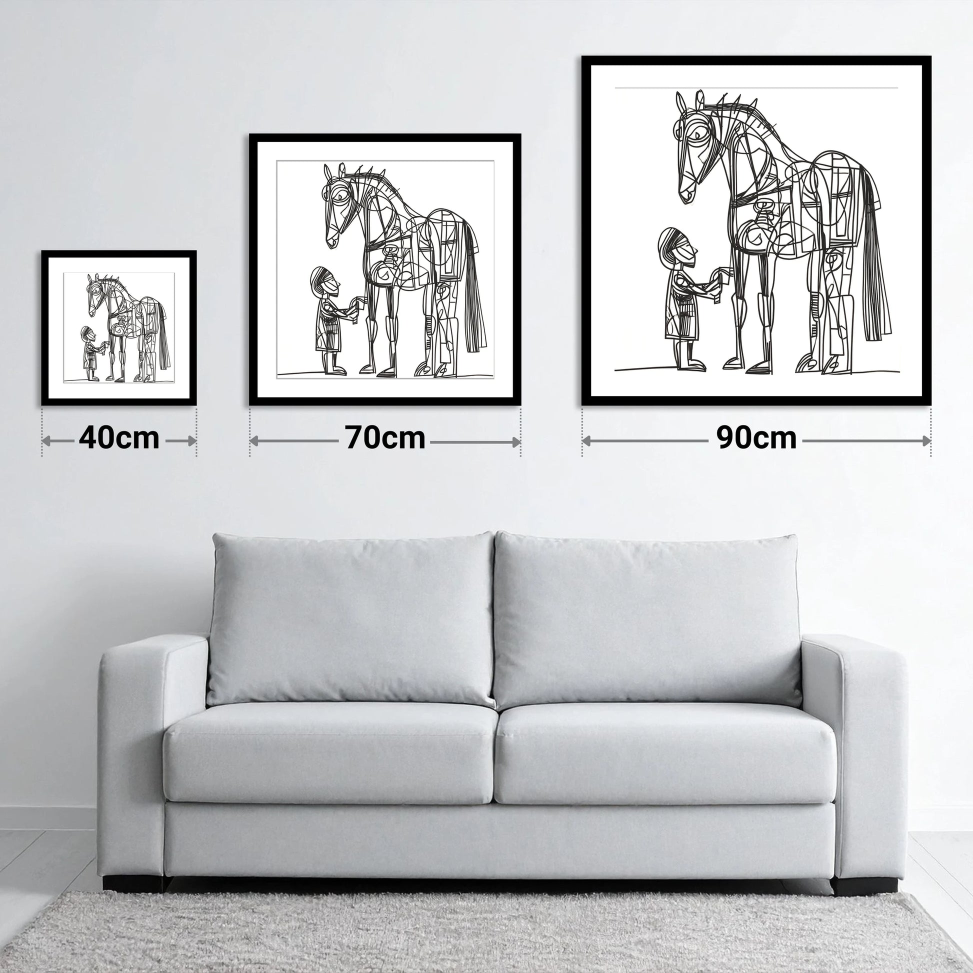 Linear Harmony - size guide showing 40cm, 70cm and 90cm art prints