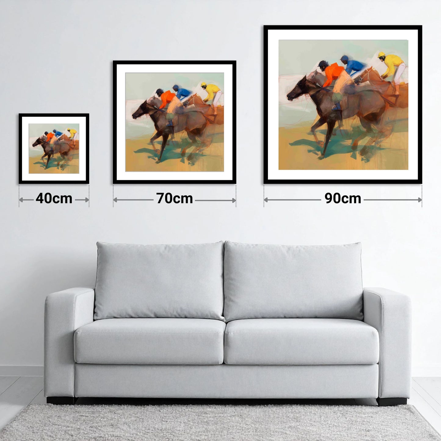 Silks of the Final Furlong - size guide showing 40cm, 70cm and 90cm art prints