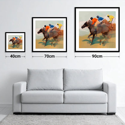 Silks of the Final Furlong - size guide showing 40cm, 70cm and 90cm art prints