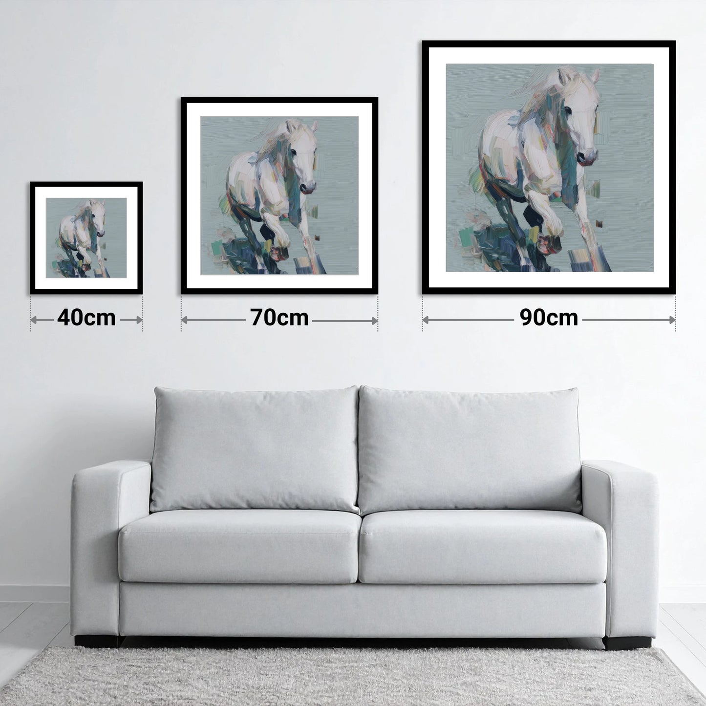 Expressive Grey Canter - size guide showing 40cm, 70cm and 90cm art prints