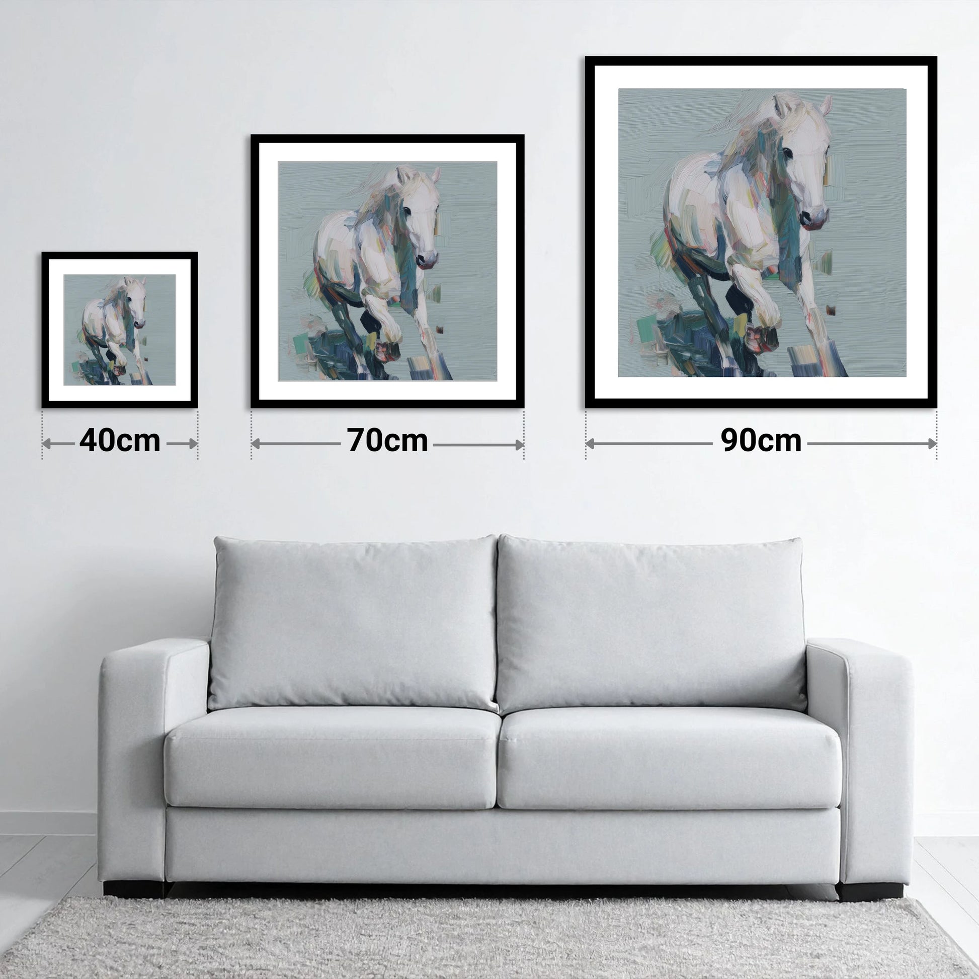 Expressive Grey Canter - size guide showing 40cm, 70cm and 90cm art prints