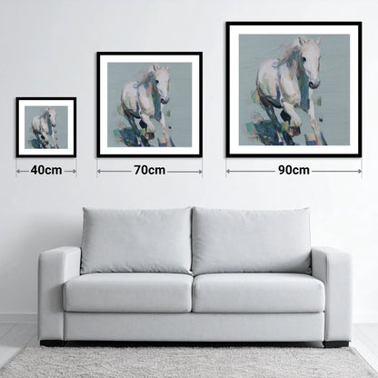 Expressive Grey Canter - size guide showing 40cm, 70cm and 90cm art prints